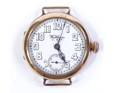 WALTHAM - a First War Period 9ct gold mechanical wristwatch, white dial with Arabic hour numerals and subsidiary seconds dial