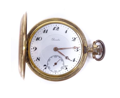 A gold plated full hunter side-wind pocket watch, by Revida, white enamel dial with Deco Arabic numerals and subsidiary secon