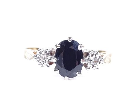 A 9ct gold 3-stone sapphire and diamond ring, setting height 7.9mm, size M, 1.7g 