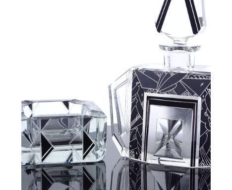 A Czechoslovakian Art Deco cut-glass perfume bottle and stopper, with black painted geometric bands, unsigned, overall height