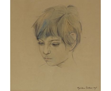 Carol Bednar, ink and watercolour, portrait of a girl, signed and dated 1957, 8" x 8", framed 