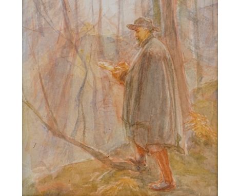May Furniss (1874 - 1957), watercolour, portrait of the artist's husband William Shackleton sketching, 11" x 7.5", framed 