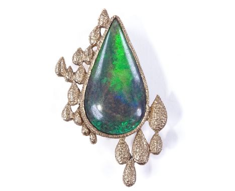 A 1970s 9ct gold and black opal teardrop brooch, with textured finish, maker's marks GGH, hallmarks London 1975, brooch lengt