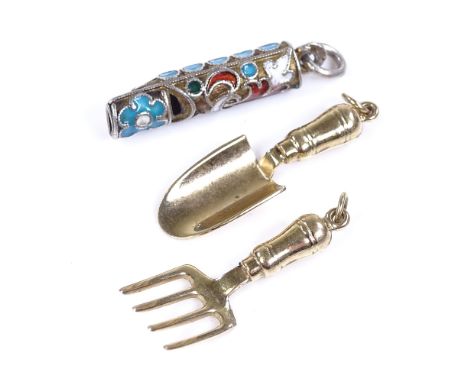 A Russian silver and champleve enamel miniature whistle, length 24.8mm, together with 2 9ct gold gardening charms, 1.6g (3) 