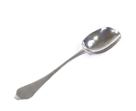 A Queen Anne Period silver dog nose spoon, with flat stem, rat tail bowl and engraved armorial crest terminal, indistinct mar