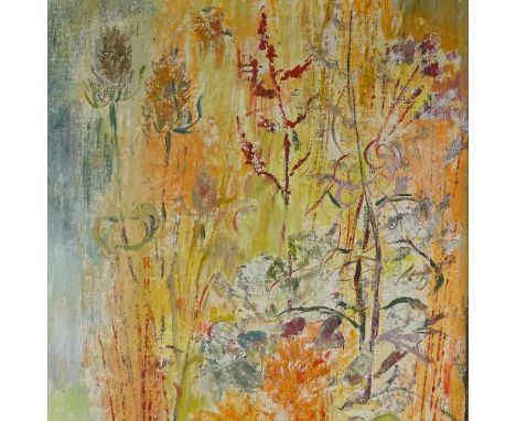 M Jewell, oil on canvas, waters edge in autumn, 20" x 40", framed 