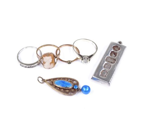 Various 9ct gold stone set rings, silver and enamel pendant by Marius Hammer, and silver ingot pendant (6) 
