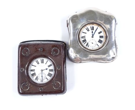 2 nickel-cased Goliath pocket watches, in leather travelling cases, one with silver front (2) 