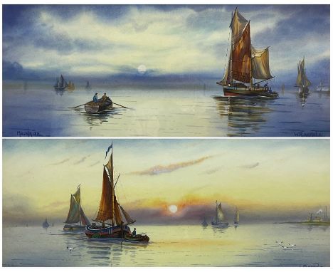 W R Arnold (British early 20th century): 'Moonrise' and 'A Golden Eve', pair watercolours signed and dated 1916, 20cm x 48cm 