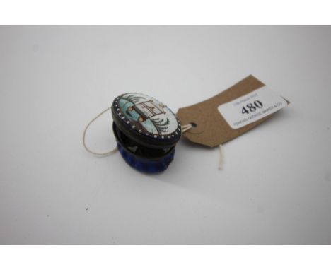 Bilston enamel patch box, bird cage design - damage to base and internal mirror 