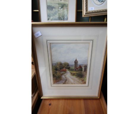 George T Lowe 1982 Water colour drawing of a village scene with church in middle distance