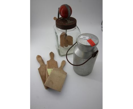 Glass churn with handle, small milk pail and 3 kitchen wooden pats