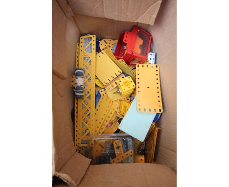 Collection of vintage Meccano metal parts, plates, screws, bowls etc.
