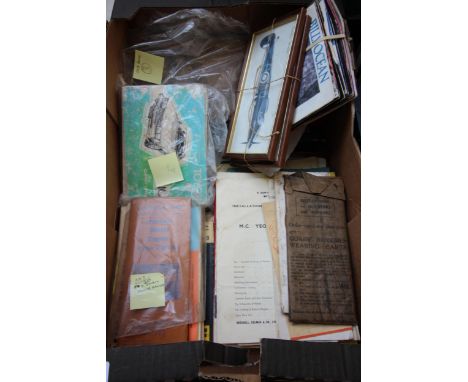 Various car and engine manuals, old leather book, small collection of loose leaf 45rpm, 2 aircraft prints