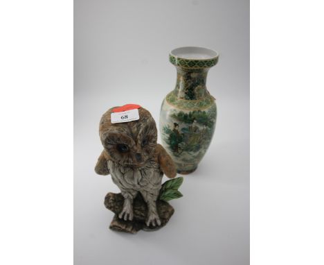 Pottery figure of Owl together with Chinese styled vase