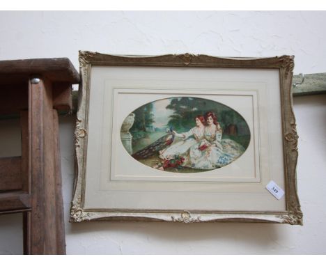 Herbert Bland Sparkes (signed verso) water colour drawing, two sisters with a peacock in a formal garden, oval mount