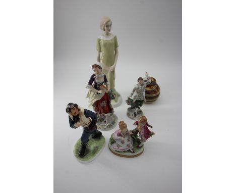3 ceramic continental styled figurines, small glass ornament and 2 figures, 1 Coalport limited edition entitled For King and 
