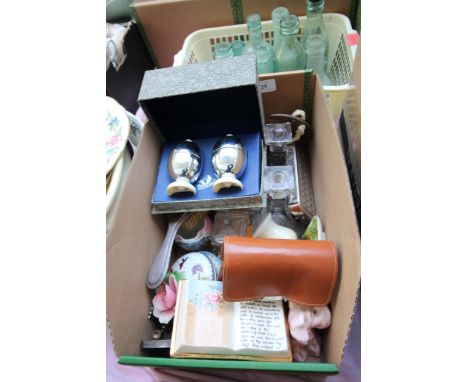 Magpie lot of mixed ceramic glass ornaments, candlesticks and 2 vintage egg coddlers 