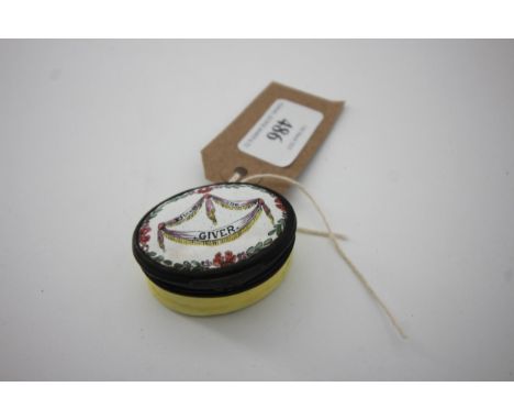 Bilston enamel patch box in good order, marked 'Esteem the Giver'