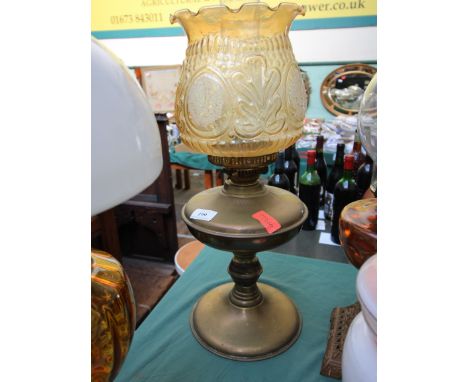 Brass oil lamp, with decorative glass shade and funnel