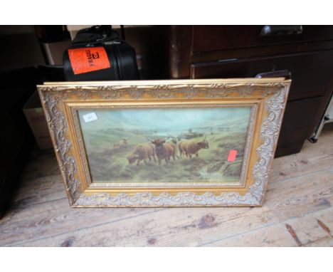 Print entitled 'Sunset on the Lock' from the original painting by H R Hall, in heavy guilt frame