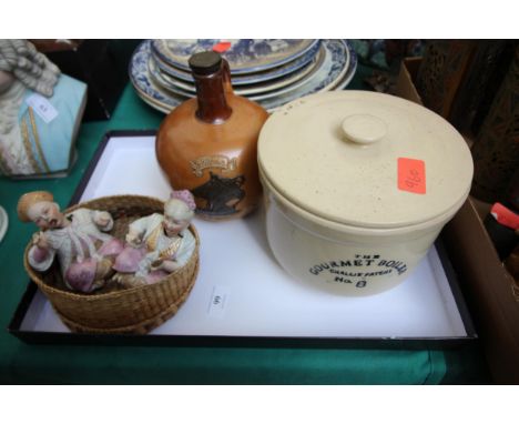 2 ceramic nodders, Gourmet Boiler with ceramic pot and lid and a stoneware Special Highland Whisky flagon 