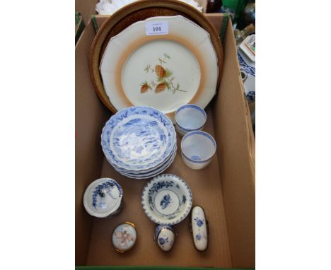 6 blue and white Chinese saucers, 2 Chinese coffee cups, 3 modern patch boxes and other items 