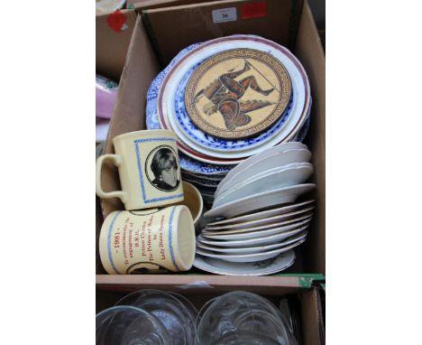 Selection of blue and white plates and various other ceramic side plates, saucers and commemorative mugs