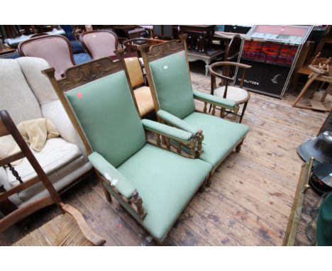 Pair of light oak Victorian armchairs inset features, fabric for recovering 