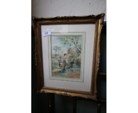 19th Century English school water colour drawing, two children in a lane picking honeysuckle