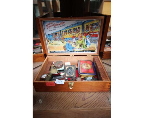 Curio collectors lot - various tins, match strikers pen knives, clay pipe, framed photograph (damaged), trench styled watch, 