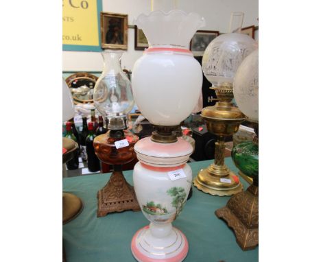 Glass with hand painted scenery oil lamp and shade damaged with funnel