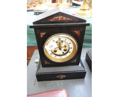 Victorian Slate Mantel Clock - enameled face with Roman Numerals 
