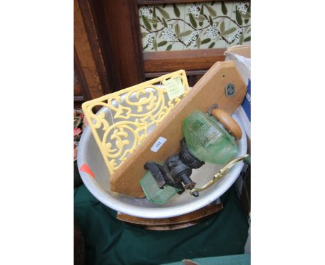 Large metal bowl, coffee grinder, menu stand and tray
