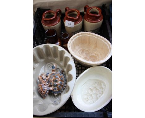 3 Victorian ceramic jelly moulds, 2 vintage glass Bovril bottles and 3 creamery jugs advertising Excelsior Dairy Company, Nor