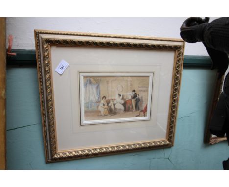 19th Century water colour drawing, family in formal drawing room with lady seated at square piano 