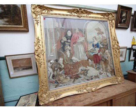 Huge tapestry work of religious scene, with window overlooking castle and lake, in gilt frame.  Total measurements 65 inches 