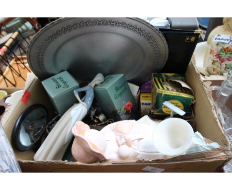 Magpie lot of  various ceramic ornaments, boxed fishing spool, metal plates, copper photograph frame and various other items 