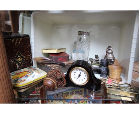 Collectors curio lot - vintage advertising tins, perfume bottle, black clock marked Mercedes, 2 pin cushions and various meta