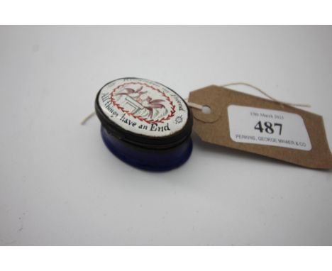 Bilston enamel patch box, good order, saying 'Remember my friend, all things have an end.'