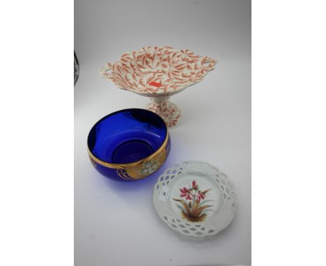 Victorian blue glass fruit bowl together with a ribbon plate and raised ceramic bowl