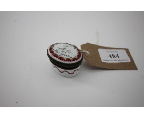 Bilston enamel patch box stating 'I Will Be Faithful', internal mirror, good order