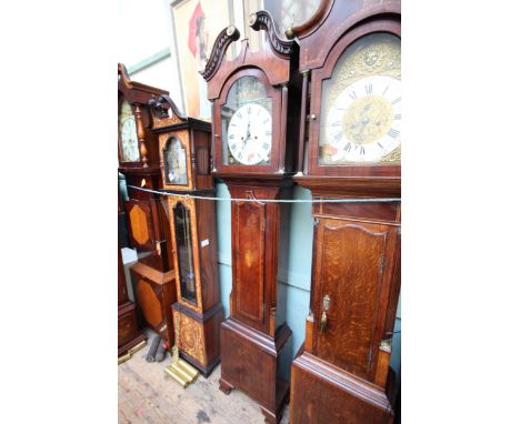 Early 18th century mahogany long cased clock, with arch painted dial, signed R Pitts Epworth.  Painted  face with a river lan