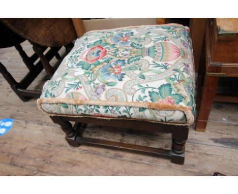 Large oak foot stool with tapestry cushioned top