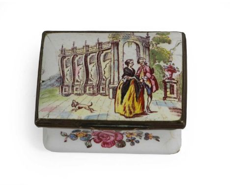 A South Staffordshire Enamel Snuff Box, circa 1770, printed and overpainted with a couple before a chapel and with flowerspra