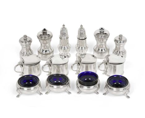 An Elizabeth II Silver Condiment-Set, by C. F. Hancock and Co., London, 1965, comprising: four drum-shaped mustard-pots; thre