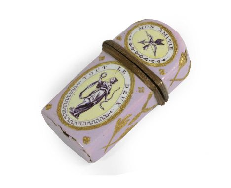 A South Staffordshire Enamel Scent Bottle Case, circa 1780, of domed rectangular form, painted in purple monochrome with clas