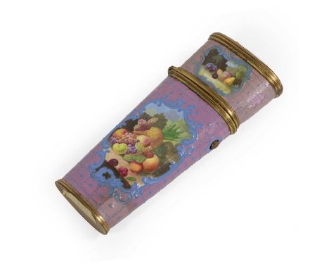 A South Staffordshire Enamel Etui, circa 1770, painted with fruit in landscape on a pink ground highlighted in blue, 10cm lon