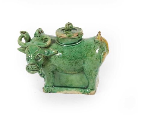 A Chinese Sancai Porcelain Water Dropper and Cover, Kangxi, modelled as a water buffalo standing four-square, 13.5cm longCond