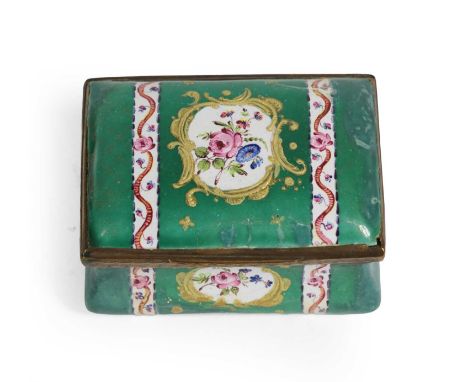 A South Staffordshire Enamel Snuff Box, circa 1770, of rectangular form, painted with panels of flowers and foliate and ribbo